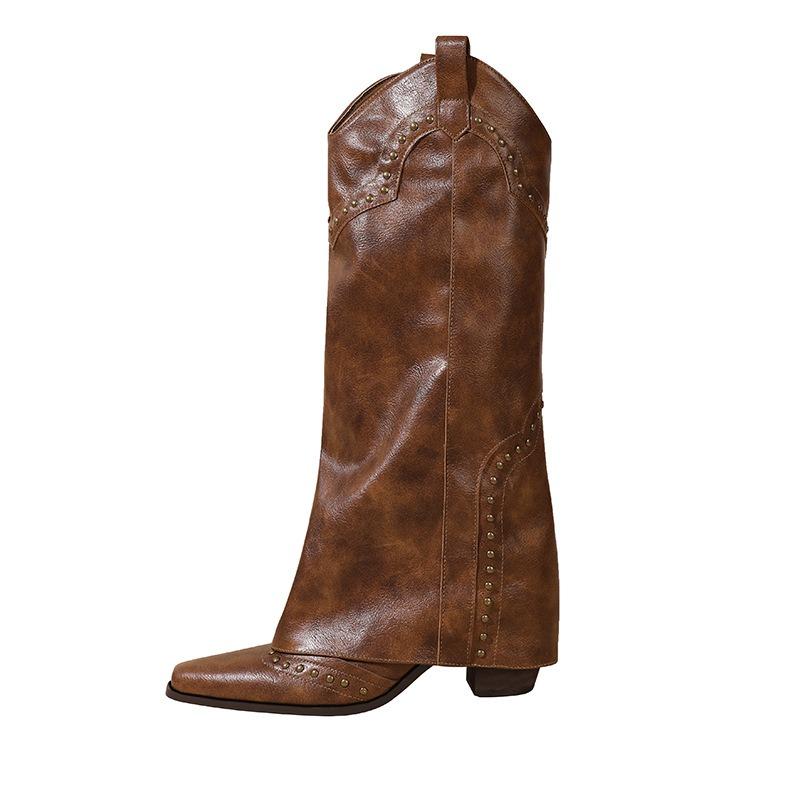 Summer New Retro Small Square Head Western Boots Women's Brown Rivet Trouser Tube Boots Versatile Thick Heel Boots
