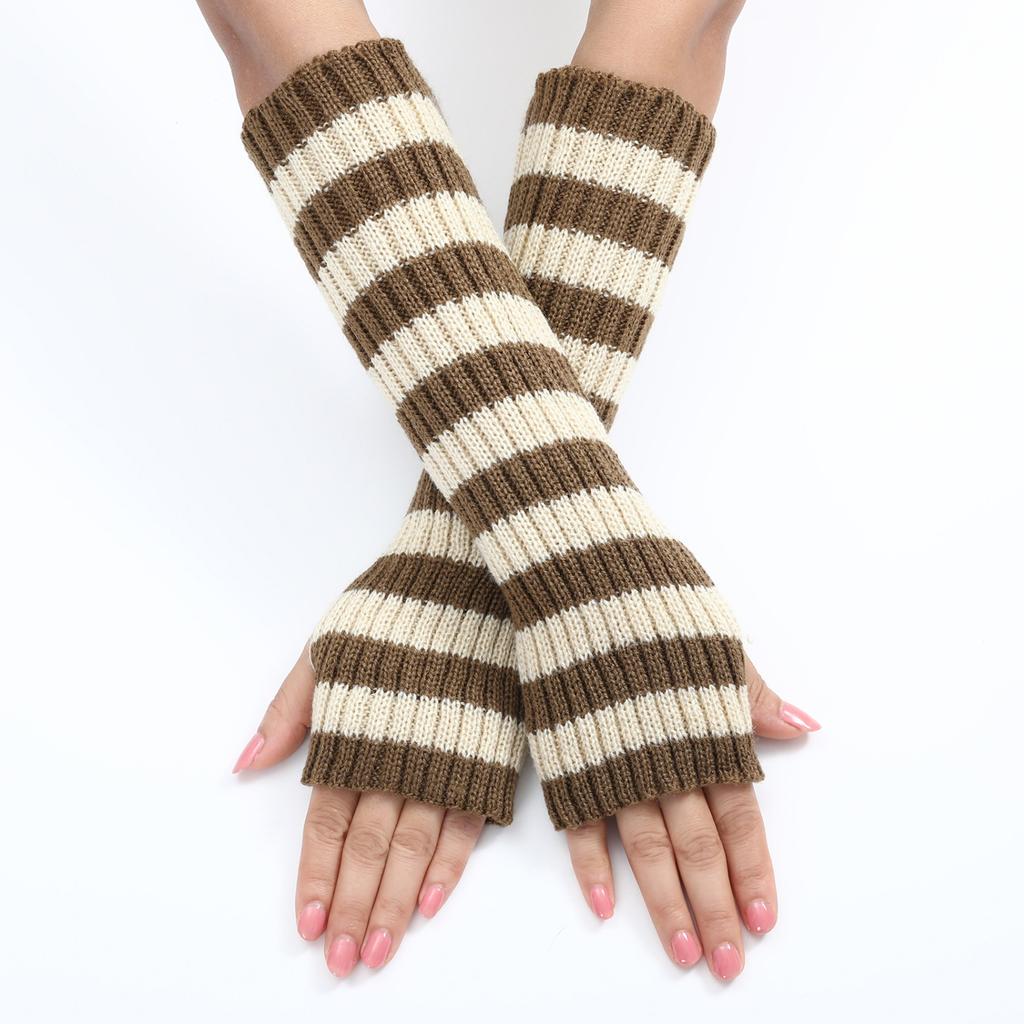 Multicolored Striped Woolen Gloves for Autumn and Winter Mid Length Fingerless Warm and Fashionable Knitted Arm Sleeves for Women