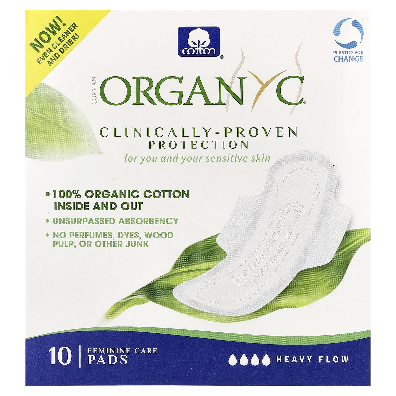 

Organic Cotton Pads, Heavy Flow Night, 10 Pads