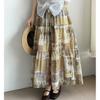 Dimanaf 2025 Summer Women Linen New Skirts Flower Vintage Elastic Pleated Elegant Skirts High Waist