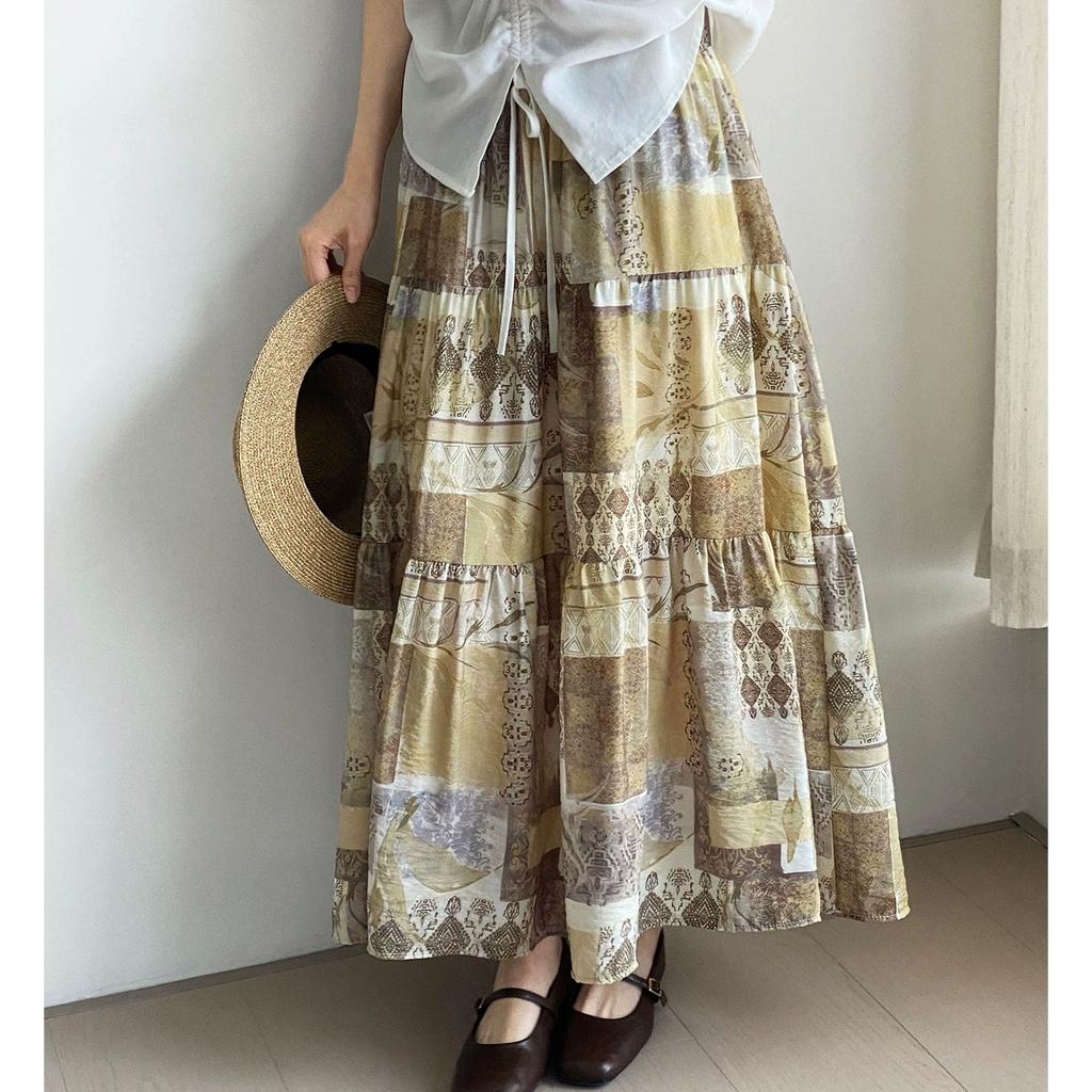 Dimanaf 2025 Summer Women Linen New Skirts Flower Vintage Elastic Pleated Elegant Skirts High Waist