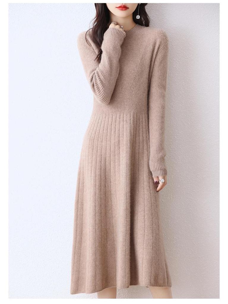 Women's Wool Round Neck Long Sweater Dress - Autumn/Winter Slim Knit Versatile Outerwear