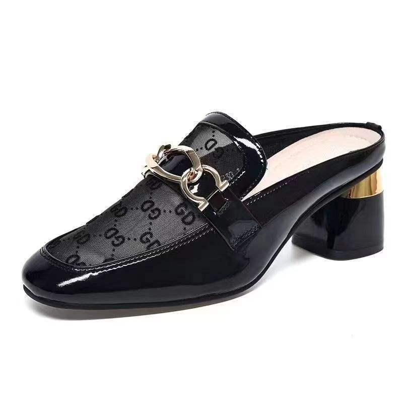 Women's 2025 Genuine Leather Chunky Heel Closed-Toe Mesh Sandals - Summer Fashion Half Slippers