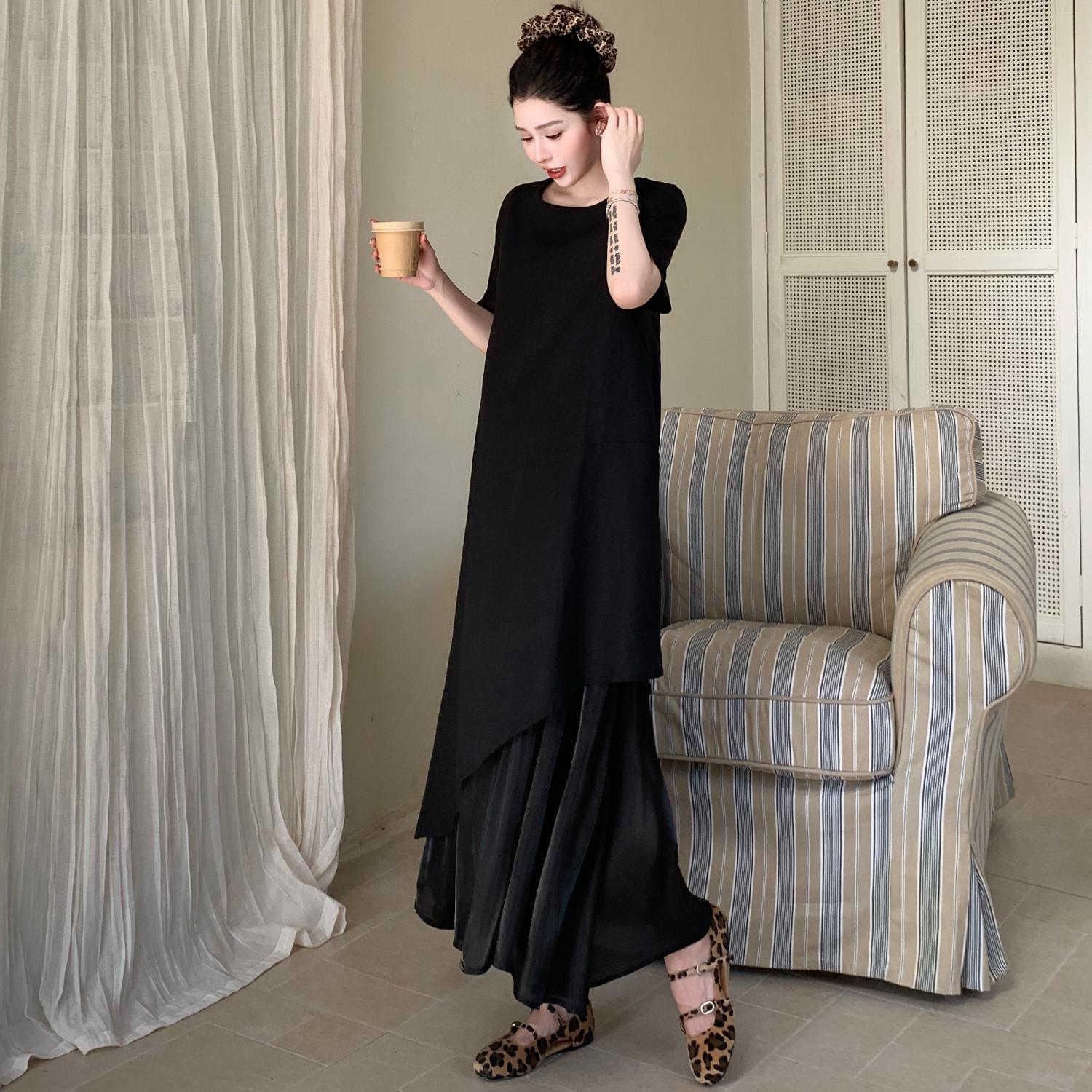 

DIMANAF 2025 Summer Plus Size Dress Women Vintage Dress Basic Long Elegant Loose Casual Linen Solid Spliced Dress L чёрный