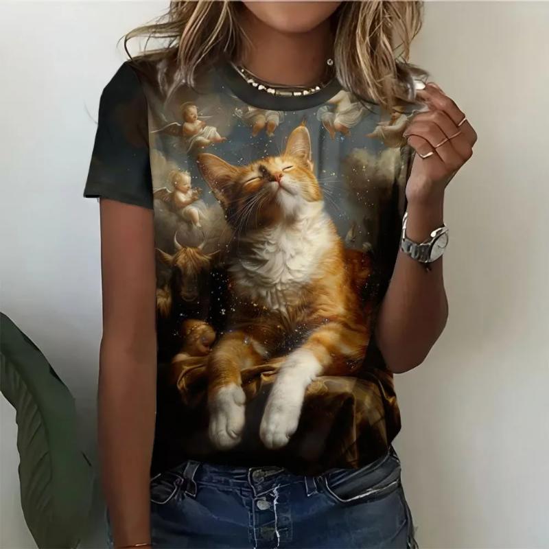 Mode Femme Col Rond Manches Courtes Impression Animale Colorée 3D T-shirt à Manches Courtes et Col Rond Animal