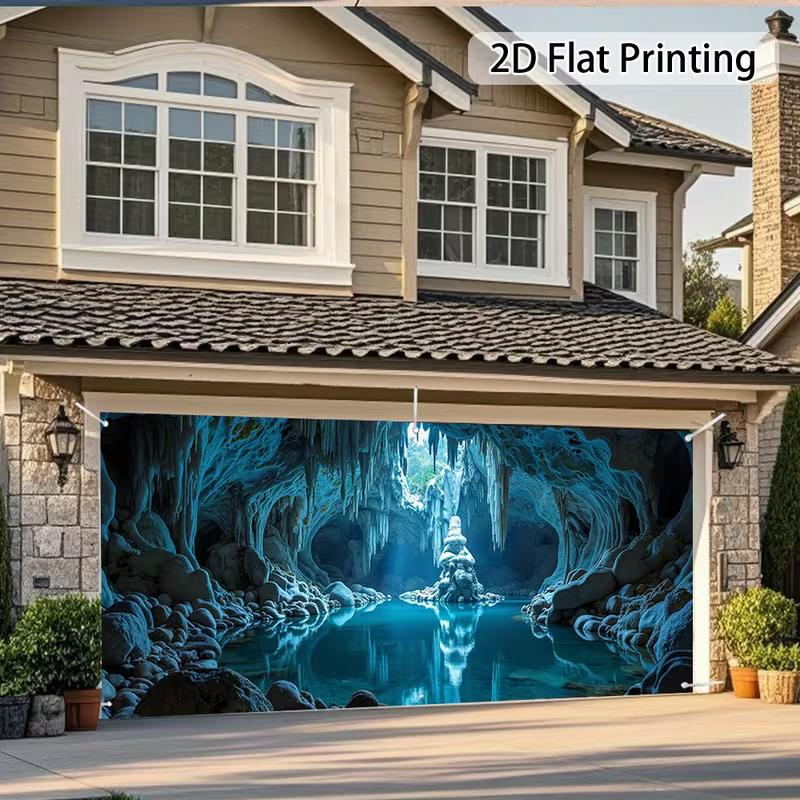 2D Mystical Cave with Lake Garage Door Banner, 2D Flat Printing Crystal Cave Background