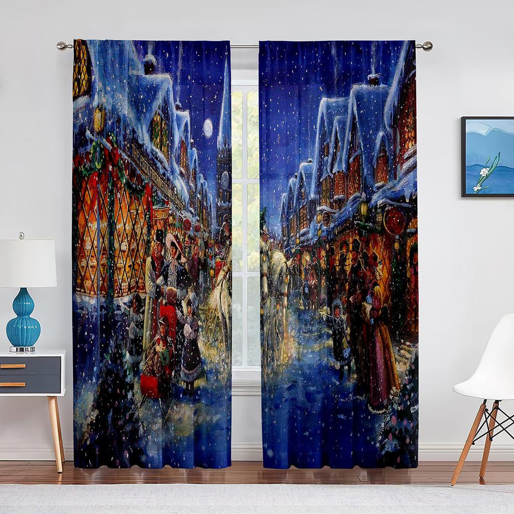 Christmas Scenery Santa Delivering Presents Sheer Voile Curtain Elk Window Tulle Curtains for Living Room Kitchen Bedroom Decor
