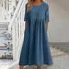 O-Neck Half Sleeve High Waist Pockets Casual Dress Women Pleated Flowy Hem Solid Midi Dress