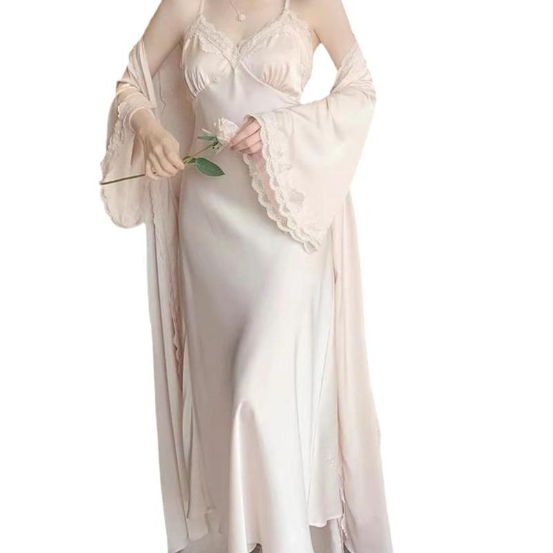 French Sexy Pure Desire Pajamas Temperament Ice Silk Suspender Women's Nightdress Set Summer Long Women's Chest Pad Two-piece Set