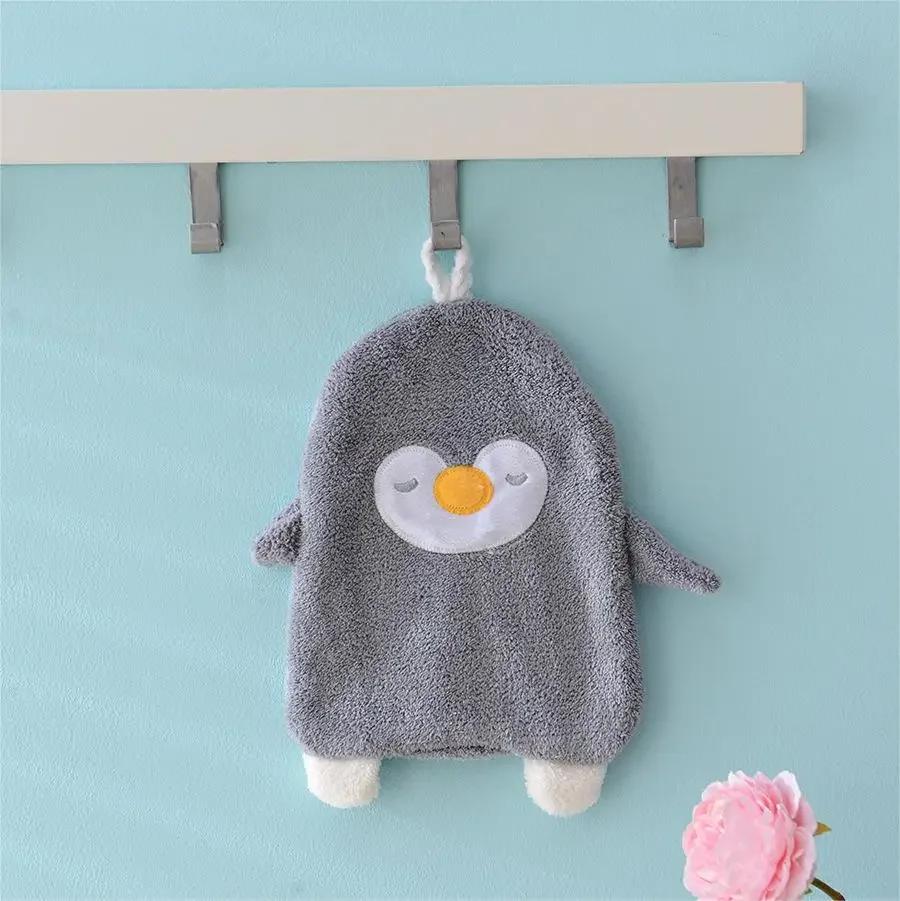 Hand Towel Kitchen Bathroom Draped Coral Velvet Cartoon Penguin Hand Towel Animal Thickening Absorbent