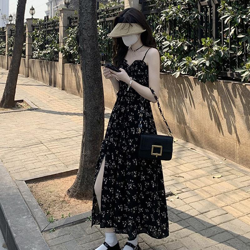 Women s Elegant Floral Spaghetti Strap Dress - Summer 2026 Design, Slimming Waist with Slit L