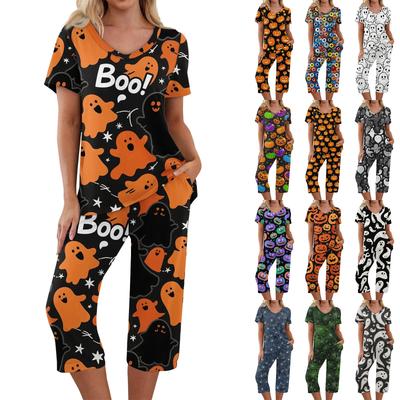 Dvoudílné soupravy pro ženy Krátký rukáv Top a Kalhoty s kapsami Cvičení Měkké Halloweenský potisk Soupravy