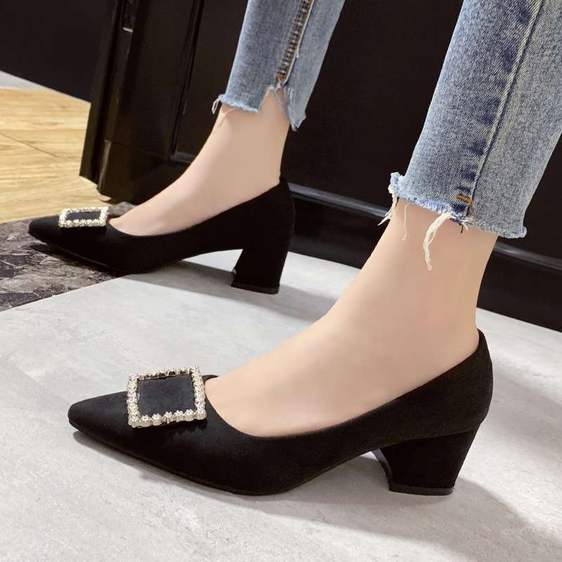 Work Shoes Women's Black Career Interview Work Dress Pointed High Heels Women's Thick Heels Medium Heel Comfortable Single Shoes Women's Shoes
