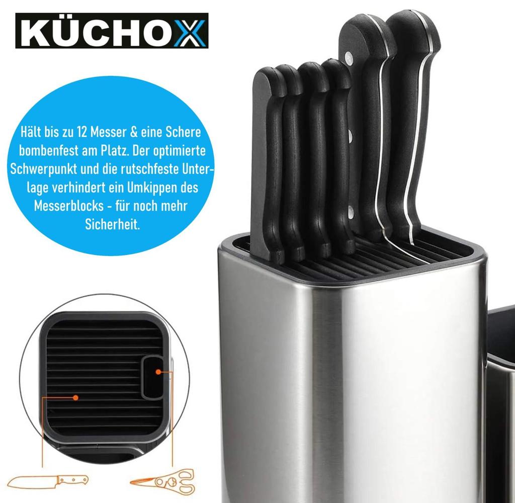 KÜCHOX Edelstahl Messerblock ohne Messer Küchenhelfer Organizer unbestückt 2in1