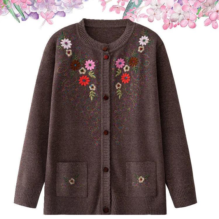 Female Spring and Autumn Single-breasted Sweater Coat Middle-aged and Elderly Embroidery Knit Cardigan Jacket