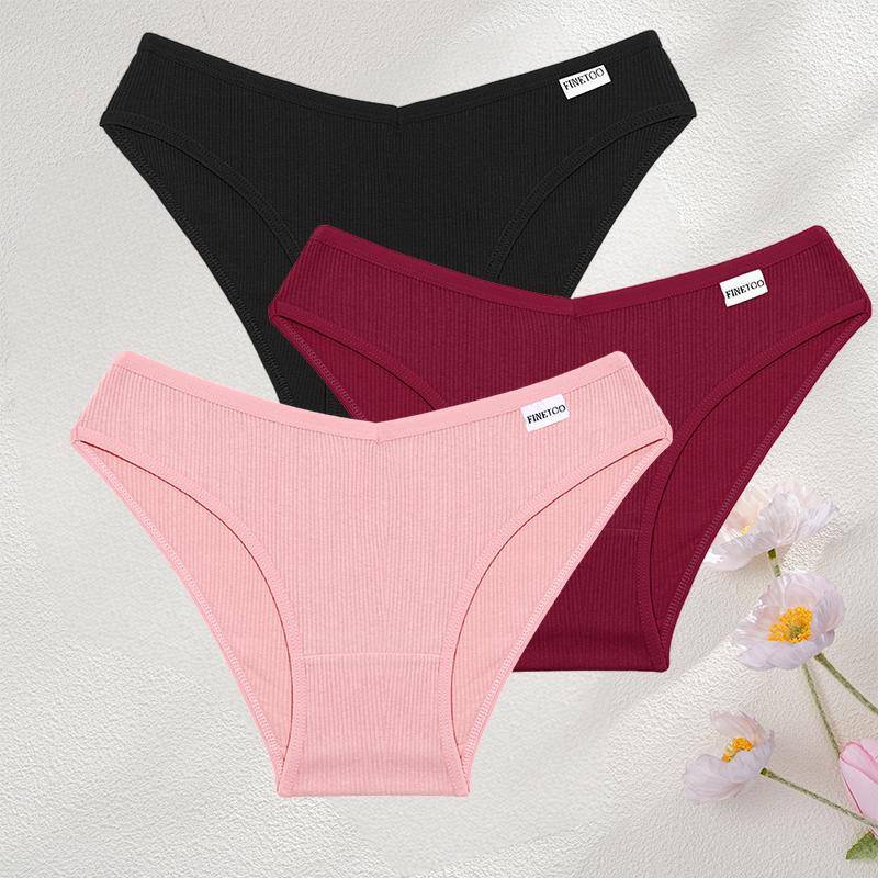 FINETOO 3Pcs/Set Sexy Low Waist Cotton Panties M-3XL Ribbed Breathable Briefs Underwear for Women Gym Fitness Casual Lingerie