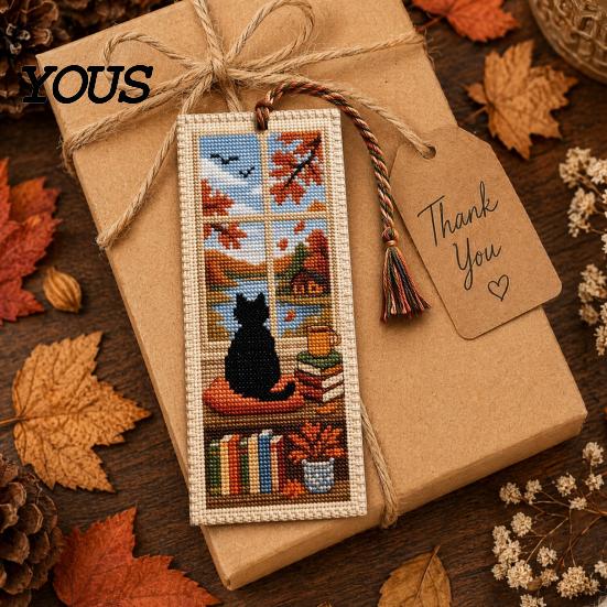Retro Bookmark DIY Stitch Kit for Adults Beginners, Seasonal Cat Reading Accessory Handmade Embroidery Kit, Gifts Lovers, Readers Artistic