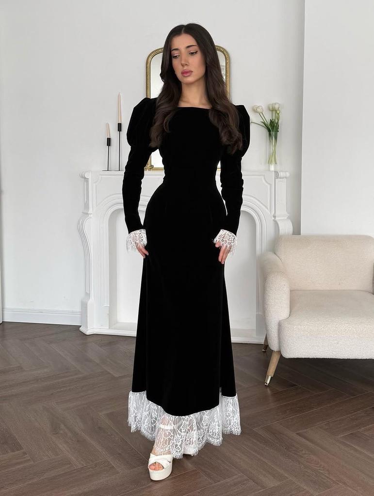 2025 Women's Winter Lace Patchwork Waist-Cinching Slim Dress