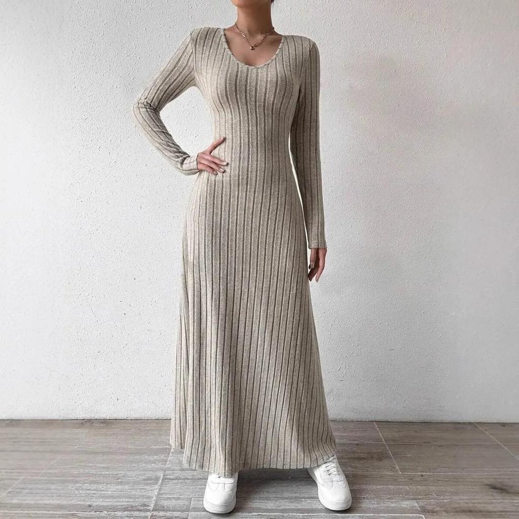 Fashionable Knitted Long Sleeve A- Line Streetwear Dress Women Smooths and Slims Your Silhouette Solid Color Long Dress