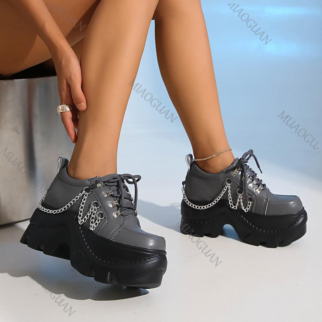 Gothic Chunky Platform Loafers Shoes Women Spring Autumn New Silver Metal Chain Sneakers Punk Thick Bottom Pumps Shoes Female