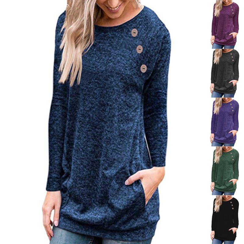 Long Pullover Womens Sleeve Ladies Solid Button Sweatshirt Top Loose Jumper