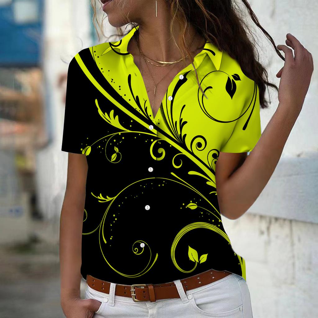 2025 Summer New Fashion Women's Feather Printed Short Sleeve V-neck Casual Button-down Shirt Top