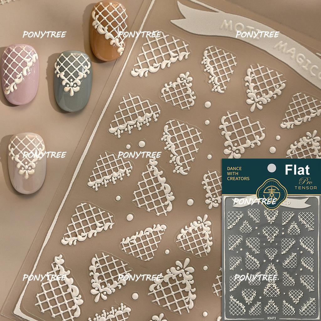 Delicate White Lace Bowknot Simulated Fabric Ribbon Silver Stamped Noble Rhinestone 5D Adhesive Nail Art Sticker Manicure Decal
