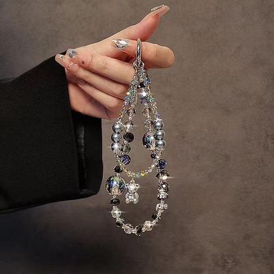 Summer Premium Cartoon Bear Pendant Mobile Phone Chain Crystal Beaded Double Chain Wrist Keychain Bag Pendant Female