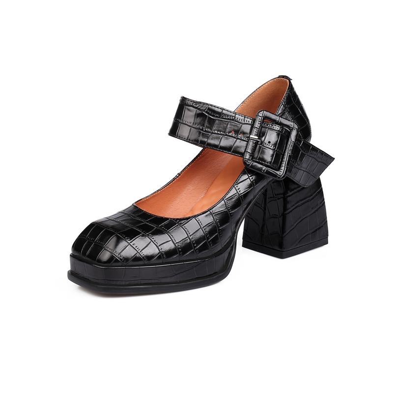 Retro Concise Mary Janes Women Pumps Genuine Leather Platforms Thick Heels Shoes Woman 2024 Spring Casual Buckle Pumps New Shoes