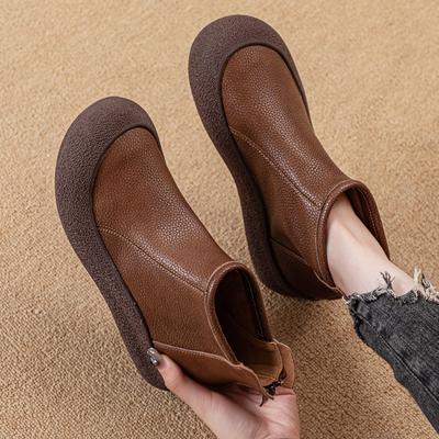 Damen Stiefeletten, Retro, Herbst, echtes Leder, flach, Stiefeletten, runde Zehenpartie, lässig, große Damenschuhe