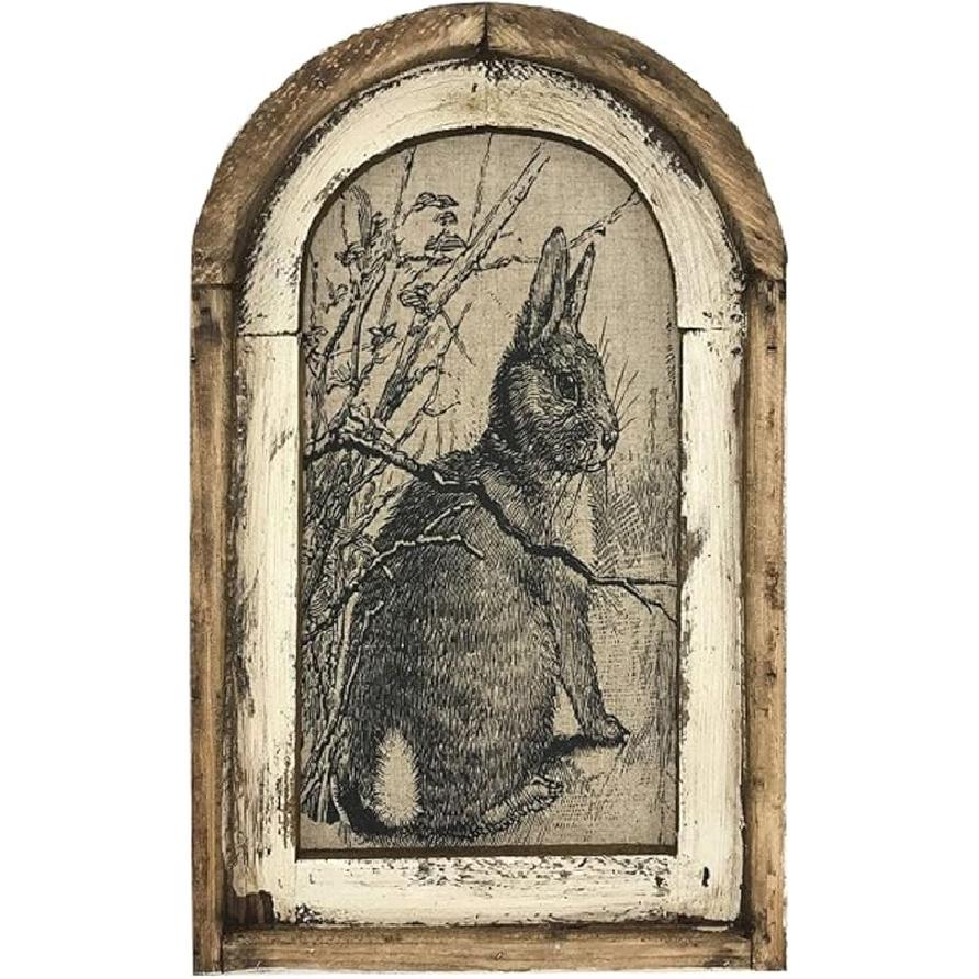 12 * 8 Inch Bunny Decor – French Country Rustic Farmhouse Rabbit Wall Art Poster, Vintage Wooden Wall Decor with Frame for Home & Easter Decoration