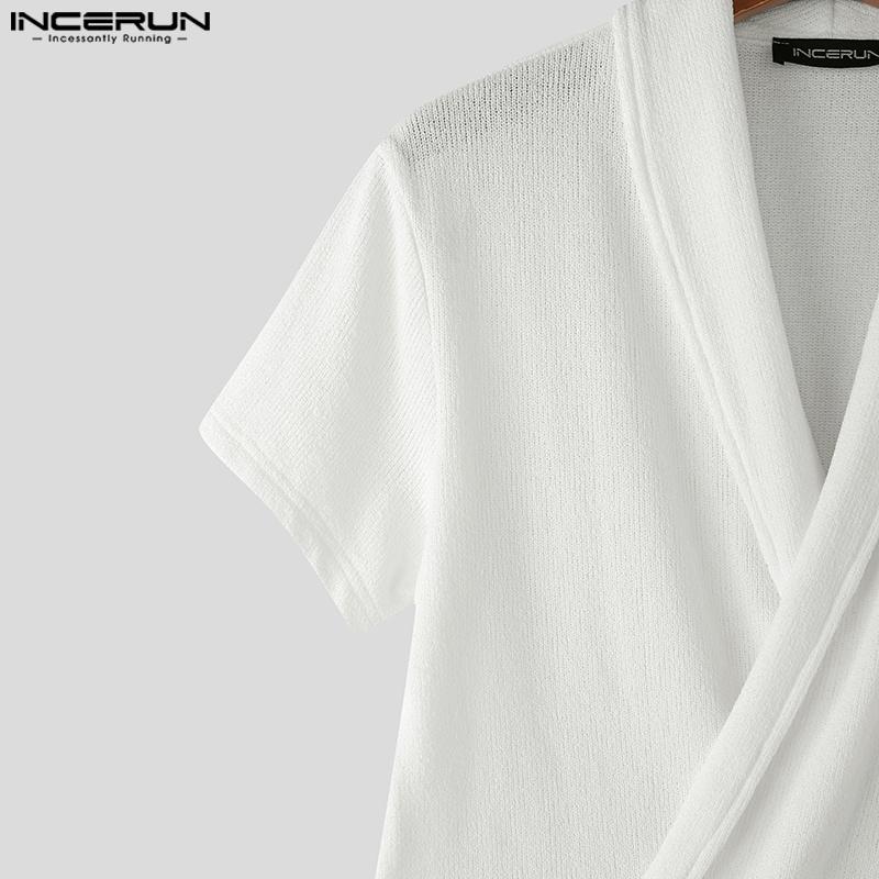 INCERUN Men V Neck Front Cross Lace-up Semi-Sheer Casual Texture Tops