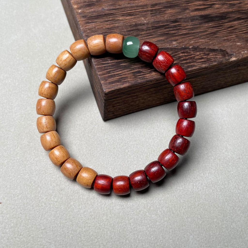 Ethnic Green Sandalwood Straight-Cut Barrel Bead Bracelet, Handmade Unisex Cultural Play Single Loop