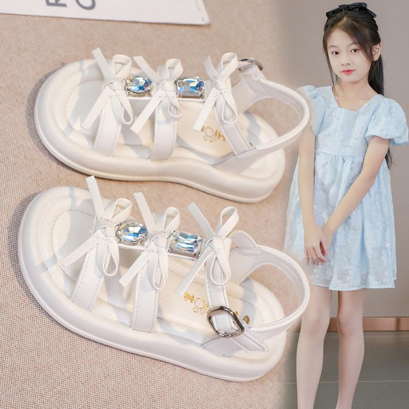 

Girls Princess Shoes Shiny Crystal Kids Sandals Open Toes Non-slip 2025 Summer New Children Beach Shoes Simple Bows Ins Trendy 26 бежевый