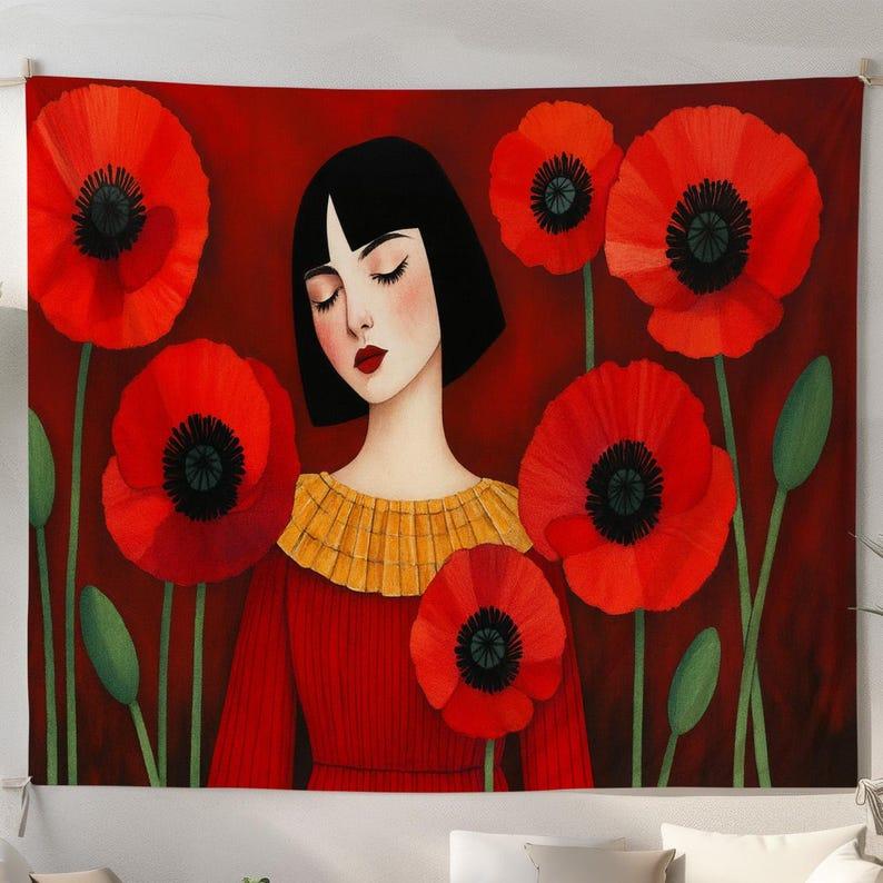 Red poppy flower for women tapestry 75x100 чёрный