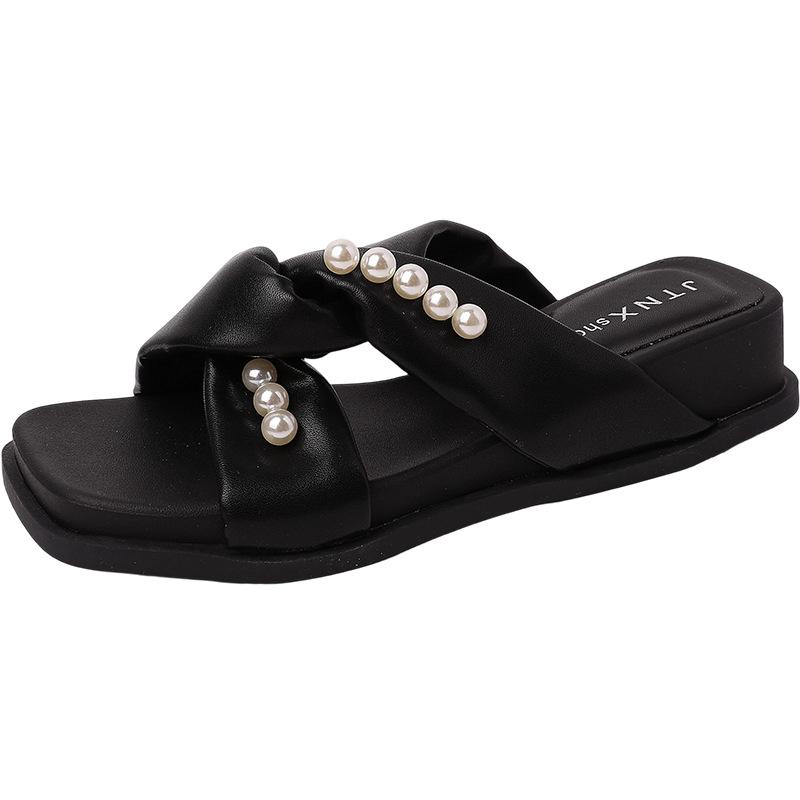 Retro pearl bow flat bottom cool slippers women's summer French fashion Xingkang outer wear with skirt one-word slippers
