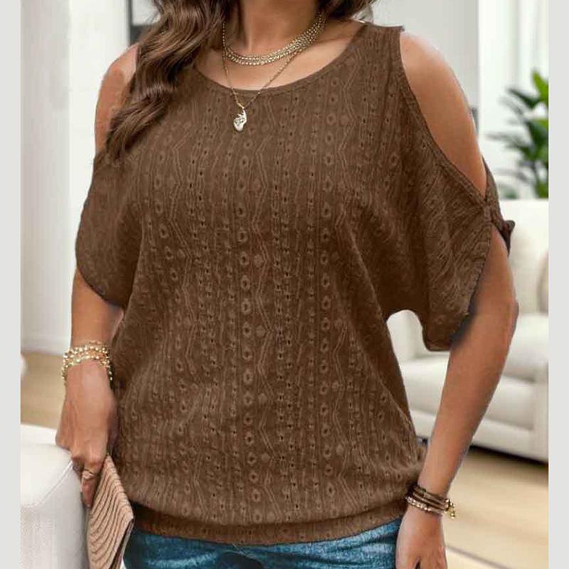 

Женская летняя футболка с открытыми плечами и коротким рукавом с круглым вырезом, однотонный пуловер, топ XXL кофейный