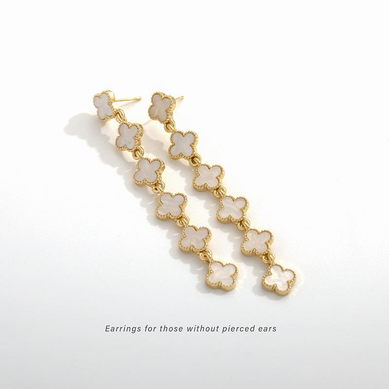 Advanced glazed four leaf clover tassel earrings with exquisite, ultra long, personalized ear clips without ear holes