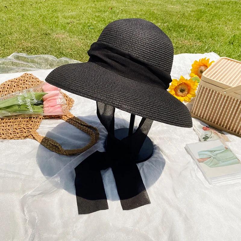 Elegant Long Black Ribbon Straw Hats For Women Foldable Wide Brim Panama Beach Hat Female Fashion Holiday Photo Props Sun Caps