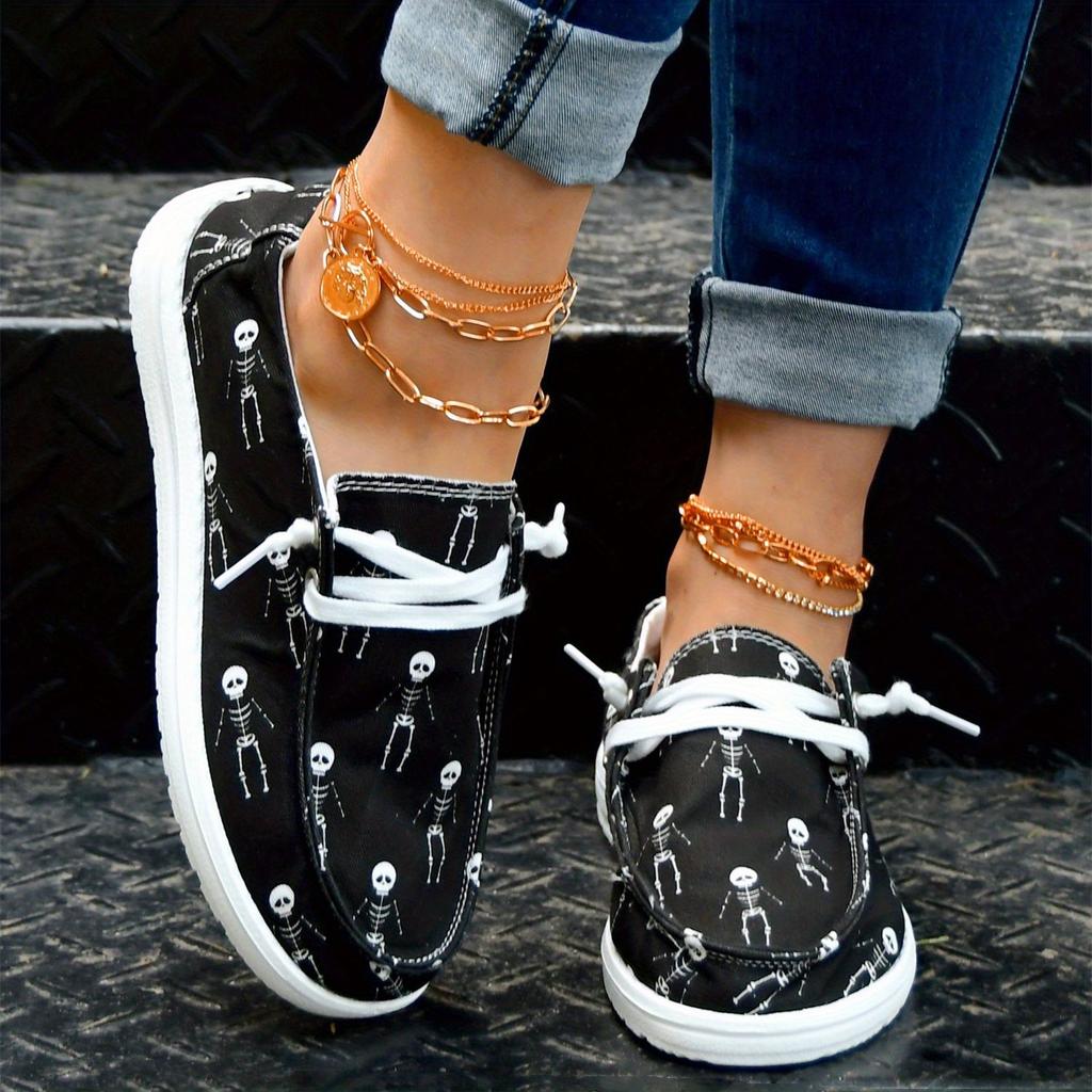 Women's Skeleton Men Print Shoes, Slip On Round Toe Low-top Non-slip Lightweight Canvas Shoes, Halloween Comfy Daily Shoes