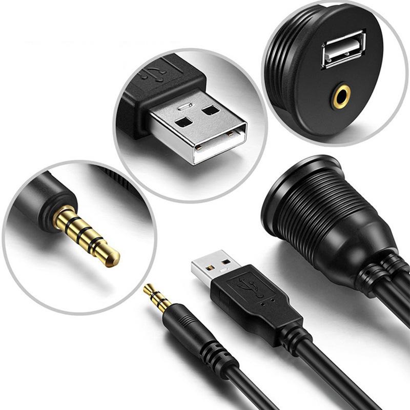 Waterproof Car/Motorcycle/Boat Dashboard USB 3.0 & 3.5mm Audio Extension Cable