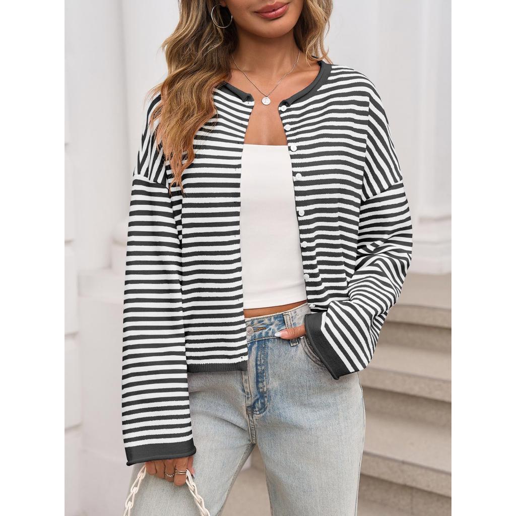 Women's Striped Cardigan Casual Long Sleeve Button-Up Loose Knitted Sweater
