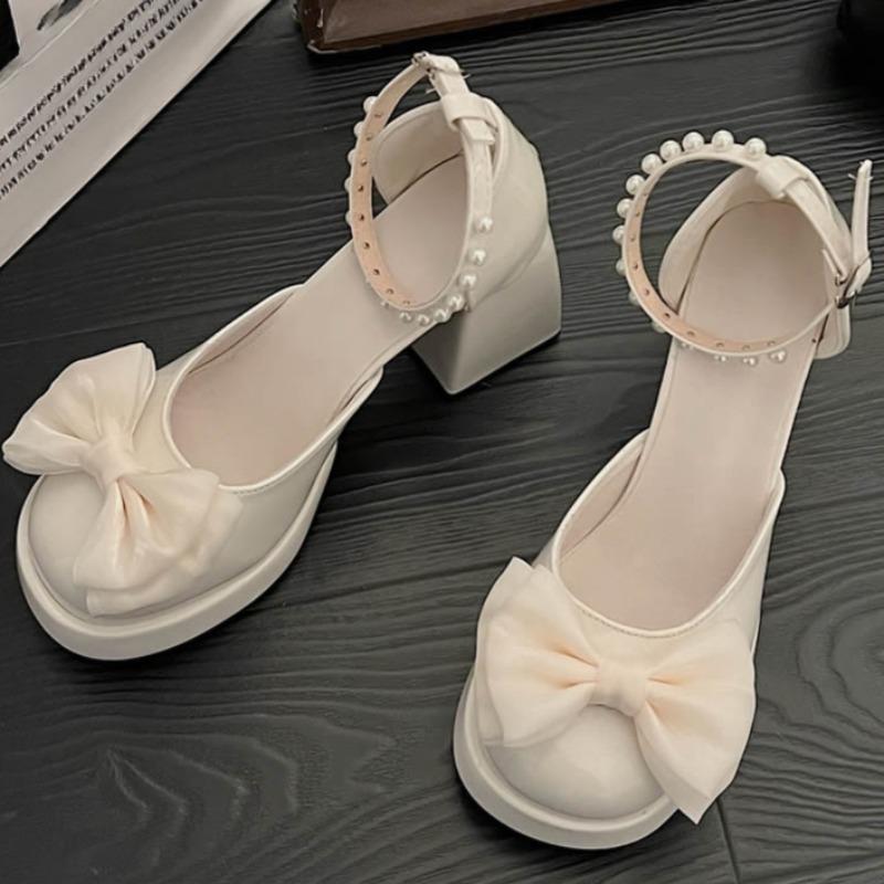 Fashion Waterproof Platform High Heels Summer New Round Head Shallow Mouth Butterfly Knot Pearl Belt Non-slip Single Shoes