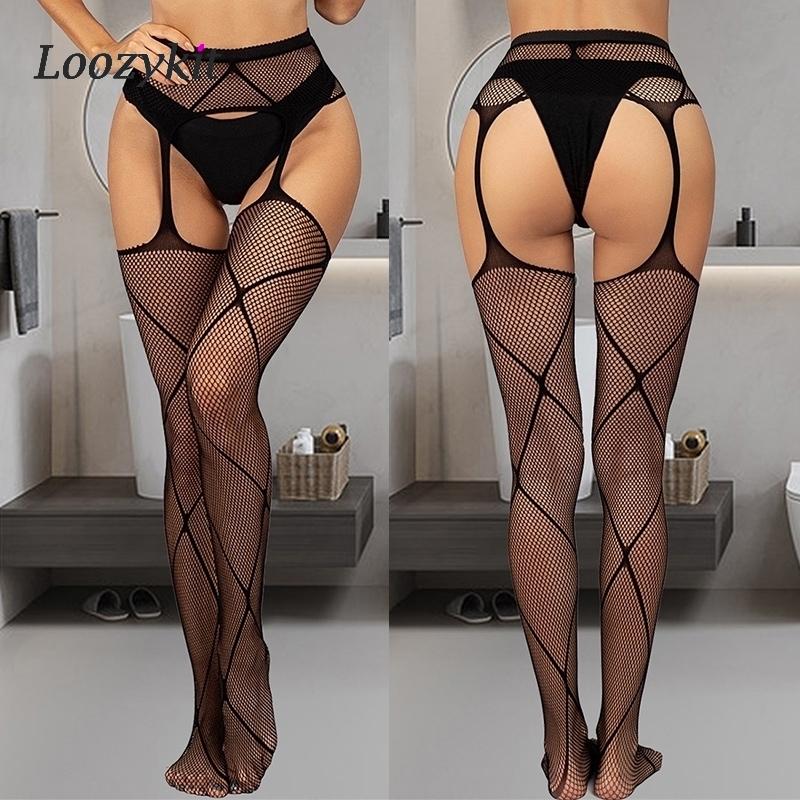 13styles Sexy Black Women Stockings With Belt Set High Fish Net Tights Erotic Lingerie Pantyhose Floral Long Mesh Lace Stocking