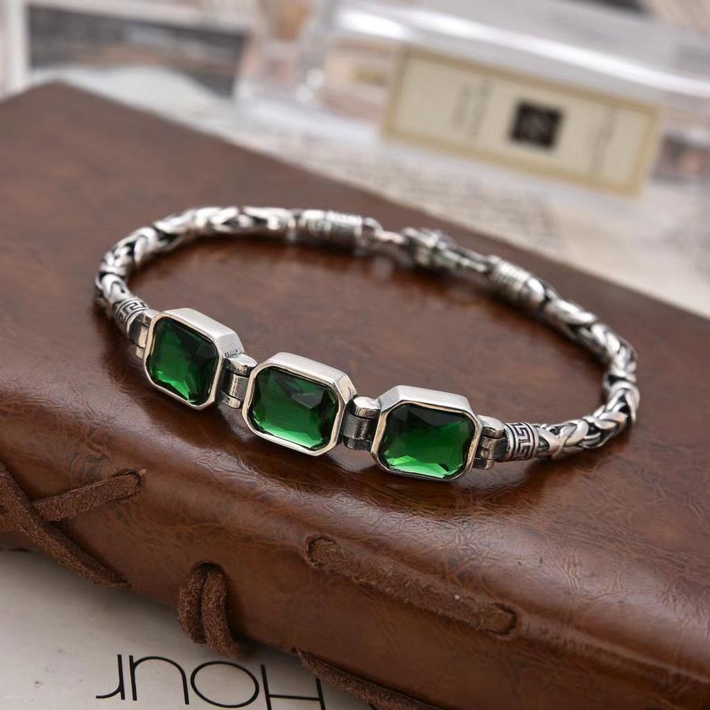 New Chinese Punk Style Men's Bracelet Green Crystals Auspicious Pattern Retro Unisex Fashion Accessory Trendy Streetwear Jewelry