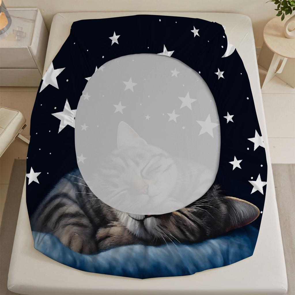 1pc Lovely Sleeping Cat Print Fitted Sheet 100% Polyester Durable Bedding Set Sheet for Home Bedroom Decoration Birthday Gift