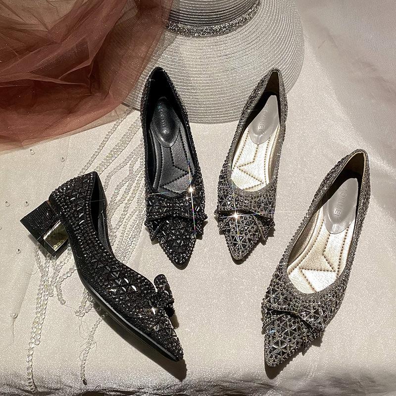Fashion Sequines Beading Bowknot Pumps Women Pointed Toe Glitter Rivets Med-high Heels Shoes Chunky Heel Bling Bowtie Tacones Big Size43