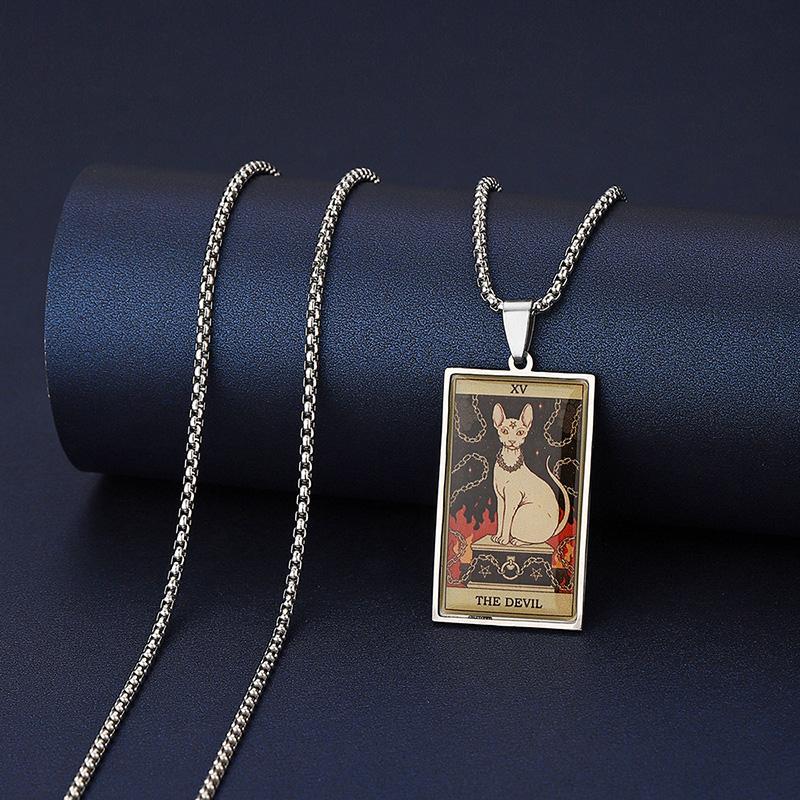 Stainless Steel Epoxy Cat Tarot Card Pendant Necklace For Men Boys Animal Divination Jewelry