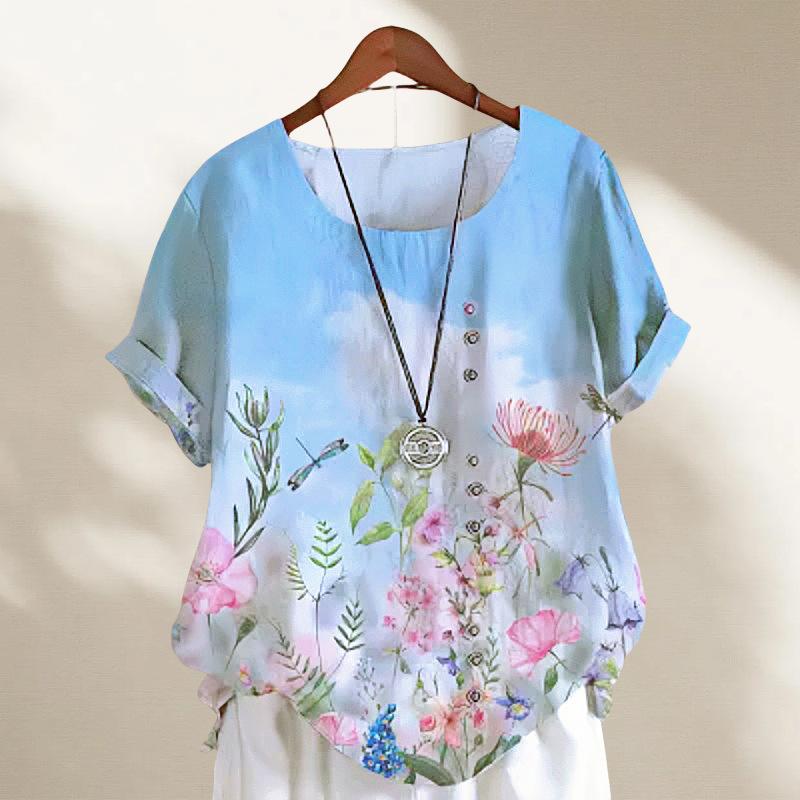 Export Popular Women's Clothing Printed Retro Cotton and Linen Short-sleeved T-shirt Women's Summer
