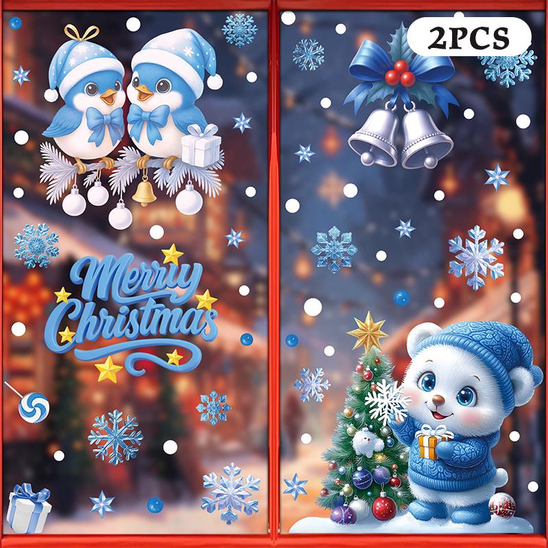 

Синие рождественские наклейки на окна - Набор статических наклеек с колокольчиками, оленями, Сантой, снежинками и снеговиком для праздничного декора as the picture